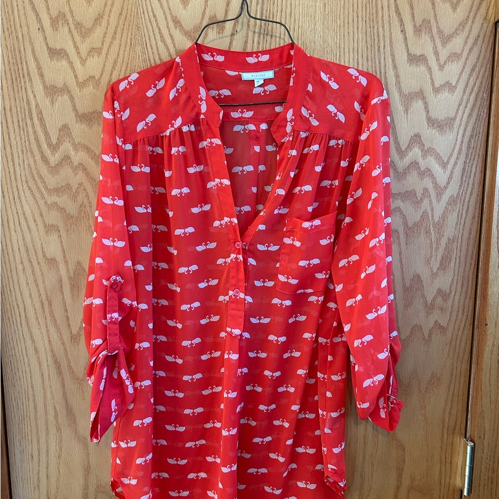 Red Button-Up Blouse with White Pattern